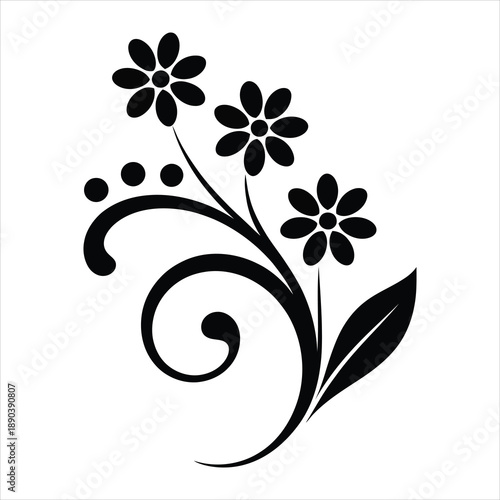 A striking black silhouette showcasing three flowers with graceful swirling stems and complementary dot accents