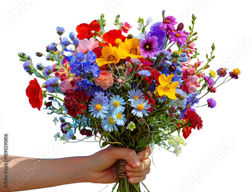 Holding a bouquet of colorful flowers isolated on white background High quality photo