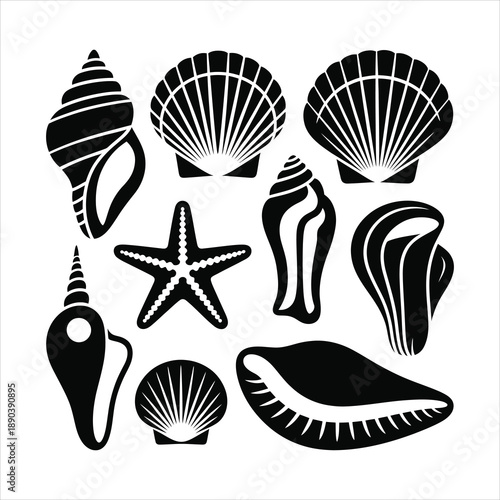 A varied set of dark sea life icons showcasing different ocean treasures and aquatic forms