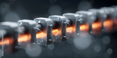 A macro shot of a metallic chain with a captivating fiery glow and blurred background, showcasing the intricate industrial details.