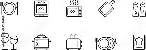 Kitchen utensils and appliances line icons set