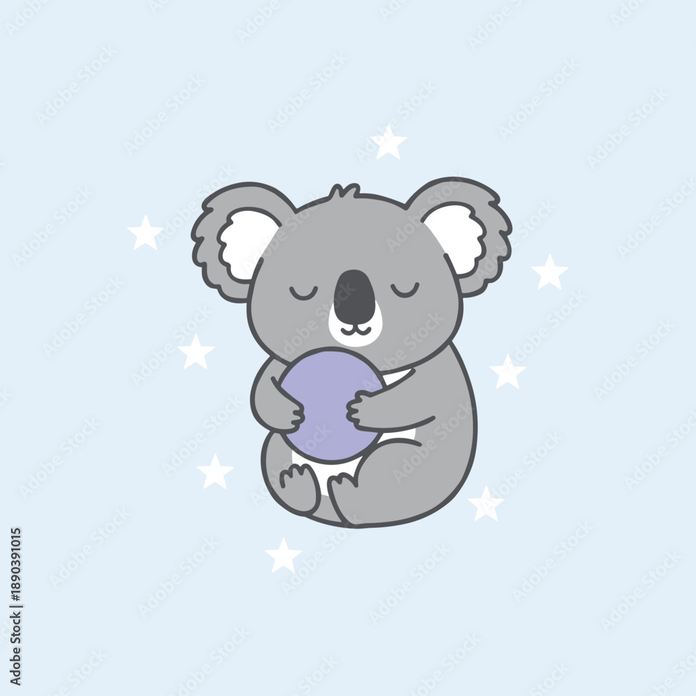 Fototapeta premium Cute Cartoon Koala Sleeping While Hugging a Purple Ball with White Stars on Light Blue Background, Adorable Animal Vector Illustration for Kids