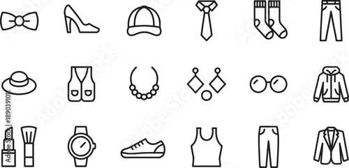 Line icons of various fashion clothing items and accessories