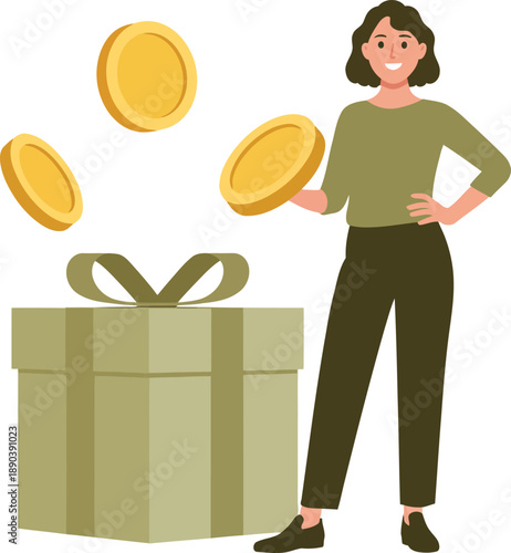 Woman receiving coins and a gift box with a bow