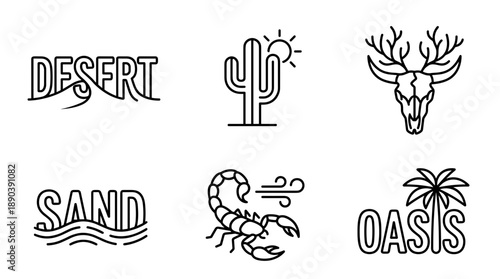 A collection of minimalist black line icons representing desert life including a scorpion cactus sun animal skull and stylized typography for sand and oasis