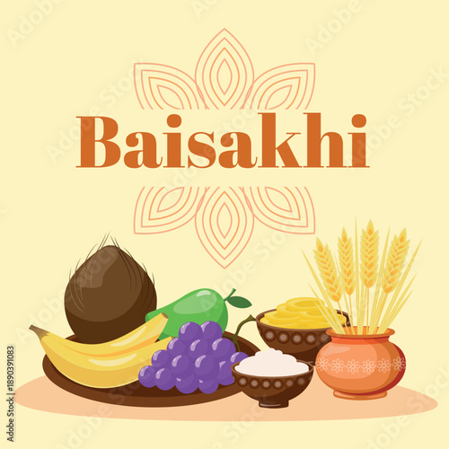 Colorful Happy Baisakhi Vector Illustration with fruits and wheat