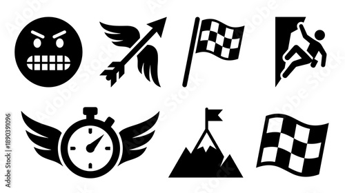 Collection of black silhouette icons representing success speed and competition including checkered flags winged stopwatch rock climber mountain peak and angry face emoticon for sports
