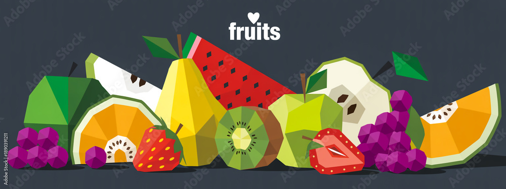 Naklejka premium A geometric 3D illustration of various fruits arranged horizontally against a dark gray background.