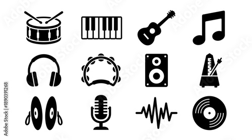 Musical instrument and audio equipment icon set featuring guitar drum piano and microphone