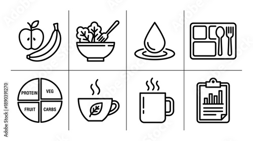 A collection of black and white outline icons representing healthy lifestyle choices balanced diet nutrition planning hydration herbal tea and tracking progress with data charts