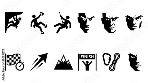 A collection of black and white vector icons representing rock climbing achievement and determination including silhouettes of active climbers mountain peaks gear and intense male faces