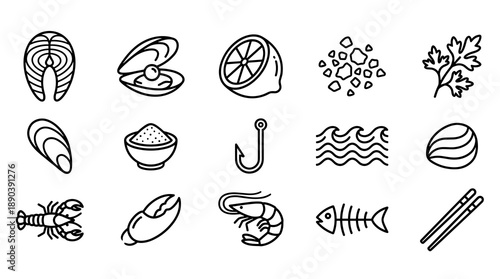 A collection of minimalist black line icons representing various seafood items including shrimp lobster crab salmon oyster lemon sea salt and fishing equipment for restaurant menus