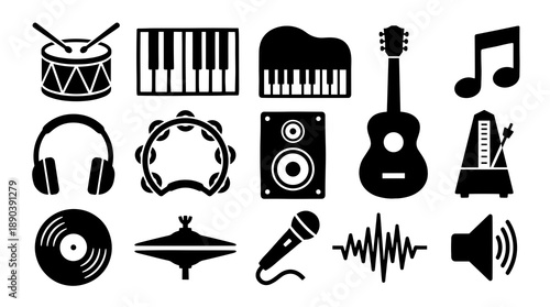 A collection of black silhouette icons representing various musical instruments and audio tools like speakers vinyl records and microphones for graphic design projects and interface elements
