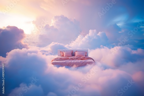 Floating bed with pink sheets and pillows in a dreamy sky filled with soft clouds during sunrise