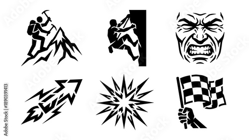 A set of graphic illustrations featuring mountain climbing rock scaling an angry face expression a fast rocket arrow starburst and a checkered racing flag symbol