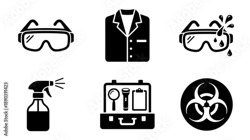 Professional set of black icons representing scientific research safety equipment forensic tools biohazard warning symbols and laboratory protective gear for medical or chemical work environments