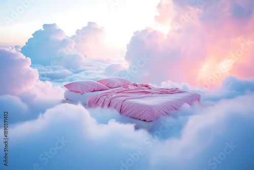 Floating pink bed in a dreamy sky with soft clouds and pastel sunset colors creating a surreal atmosphere