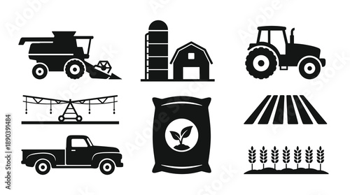 A collection of black silhouette icons representing modern farming equipment including a tractor harvester barn silo pickup truck irrigation system seed bag and wheat fields