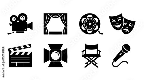 Collection of black silhouette icons representing movie production and theater performance featuring a director chair spotlight microphone stage curtains and drama masks for entertainment design