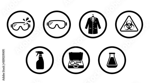 Laboratory safety icons set featuring goggles lab coat biohazard symbol and chemical flask