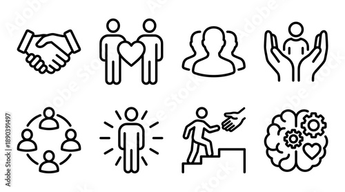 Social responsibility and business partnership line icons for community teamwork and leadership growth