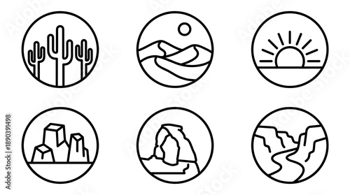 A collection of six minimalist black and white circular icons representing desert scenery including saguaro cacti dunes sunrise mesas stone arches and winding canyon rivers