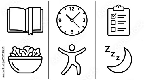 Set of black line icons representing healthy habits including reading books time management task planning nutritious eating physical exercise and quality sleep for wellness