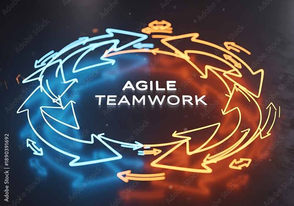 Naklejka premium A circular arrangement of arrows symbolizing agile teamwork in a collaborative environment from a direct viewpoint