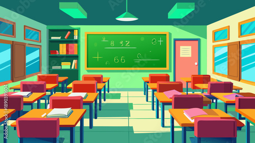 Illustration of a classroom with desks and board