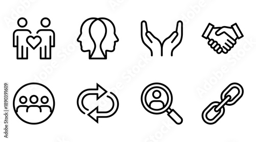Collection of linear symbols representing empathy understanding partnership care and social connection for web design marketing materials and professional business communication presentations