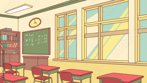 Illustration of a classroom with desks and board