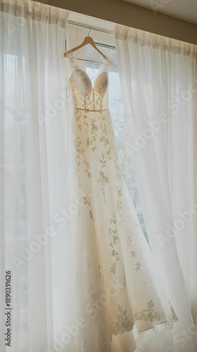Elegant lace wedding dress hanging by a window with sheer curtains, ready for the ceremony