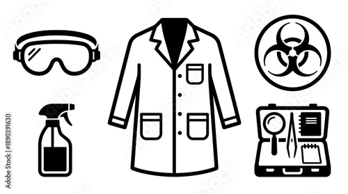 A collection of black and white scientific icons featuring protective gear like a lab coat and goggles alongside biohazard signs and a professional research kit
