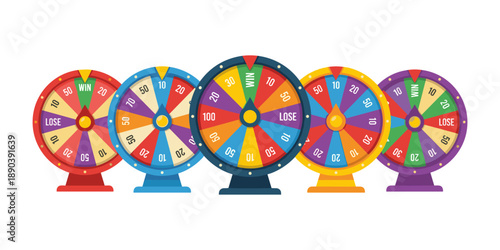 Colorful fortune wheels spinning luck and winning money