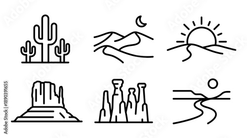 A collection of minimalist black line icons representing various desert scenes including saguaro cacti sand dunes rock formations mesas and winding rivers under sun and moon