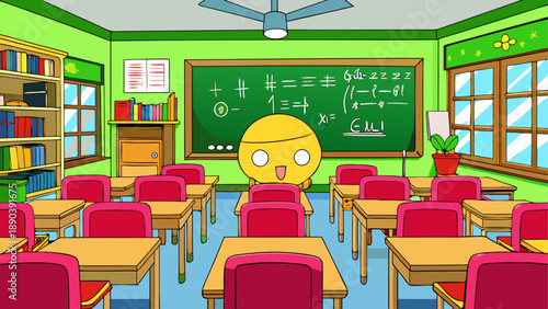 Classroom with yellow character at the blackboard