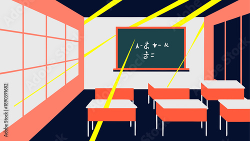Classroom with desks and chalkboard illustration