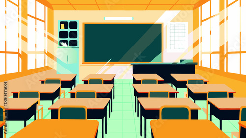 Classroom interior with desks and chalkboard view