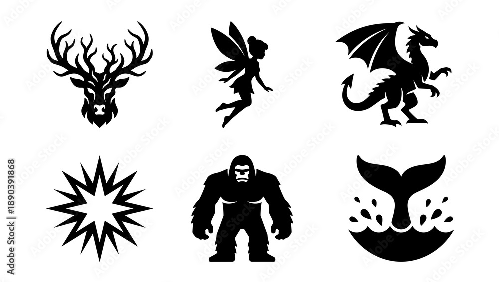 Obraz premium Collection of diverse black silhouette icons including a mythical dragon magical fairy forest deer head wild bigfoot creature sharp starburst and ocean whale tail splash