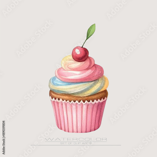 A watercolor vector illustration of a sweet cupcake topped with a cherry. Soft colors and a playful look, perfect for children’s designs or dessert-themed projects.