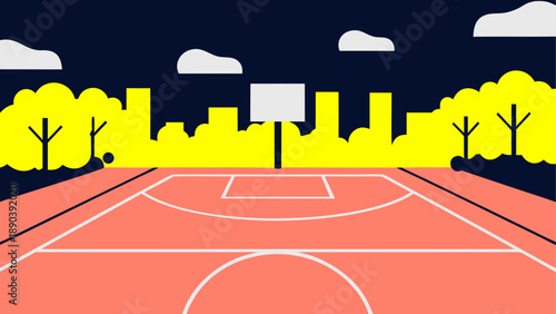 Illustration of a basketball court with cityscape