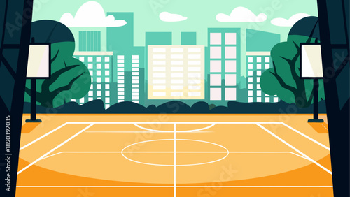 Basketball court with city buildings in background
