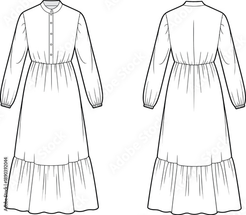Long sleeve tiered maxi dress technical sketch, fashion illustration, garment design, ruffle hem, button placket, gathered waist