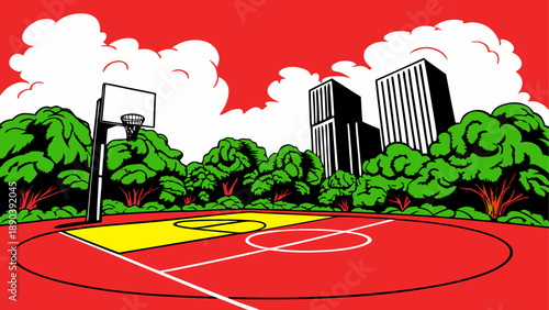 Outdoor basketball court with buildings and trees