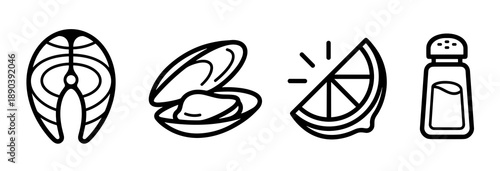 A collection of minimalist black line icons representing fresh seafood ingredients including a fish fillet open shellfish citrus fruit slice and a seasoning container