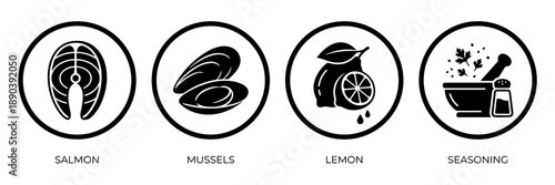 A collection of four minimalist black and white circular icons featuring fresh salmon steak mussels lemon fruit and seasoning tools for culinary and restaurant design