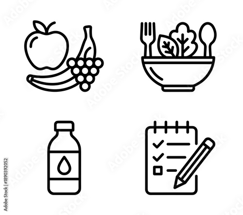 Minimalist line icon collection representing nutrition and wellness including organic fruits vegetable salad hydration bottle and a daily meal planning checklist for fitness goals