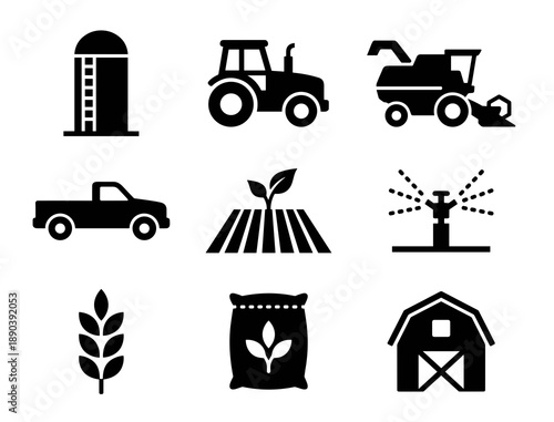 A collection of nine black silhouette icons representing modern agriculture including heavy machinery farm buildings irrigation systems and crop production symbols for industrial design