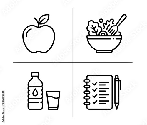 Minimalist line art icon collection representing nutrition and wellness including fresh fruit vegetable salad hydration with water and a daily meal plan or fitness tracker