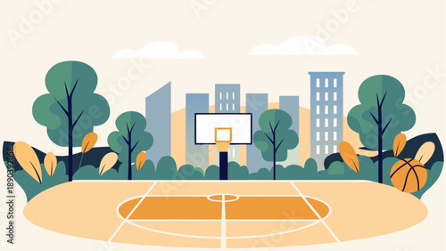 Illustration of outdoor basketball court scene